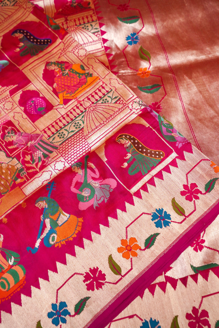 Pink Handloom Banarasi Pure Katan Silk Shahi Saree with Paithani Border & Pallu