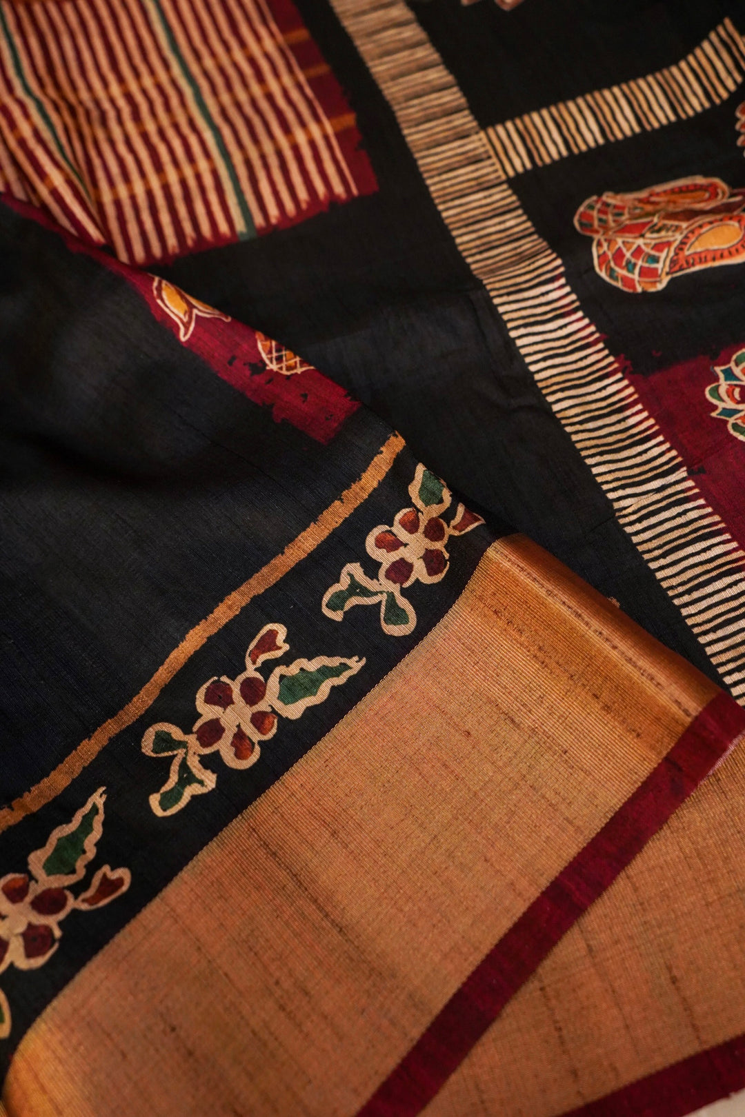 Black Tussar Silk Saree with Elegant Printed Check Pattern