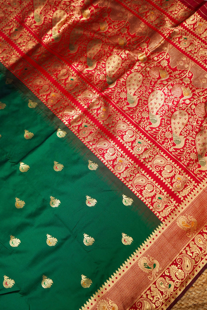 Bottle Green Soft Silk Kanjivaram Inspired Bird Motifs Saree with Red Contrast Border Pallu