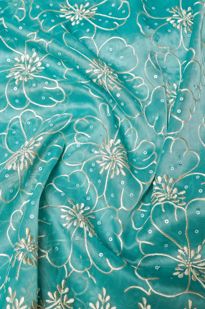 Aqua Blue Organza Tissue Saree with Resham & Pearl Embroidery with Tissue Blouse