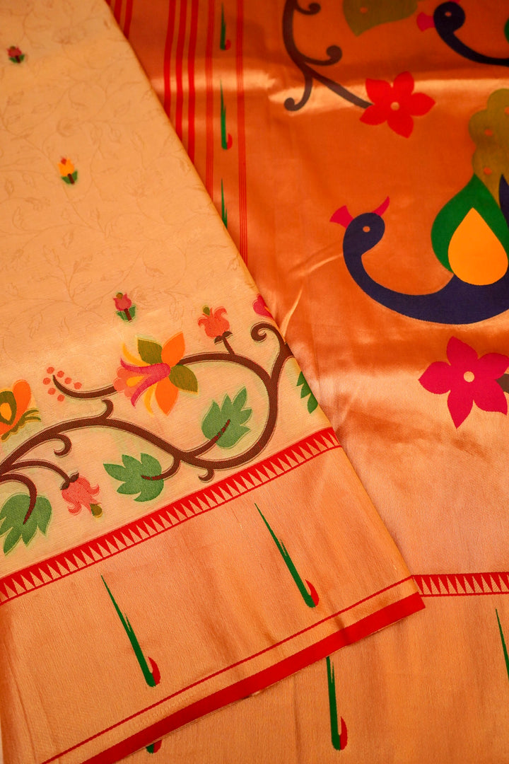 Beige Gold Banarasi Tissue Silk Saree with Contrast Paithani Border & Pallu