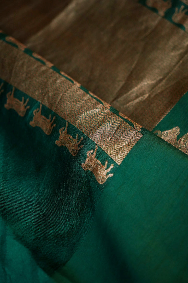 Dark Green Handwoven Banarasi Katan Silk Saree with Golden Zari Nandi Motifs