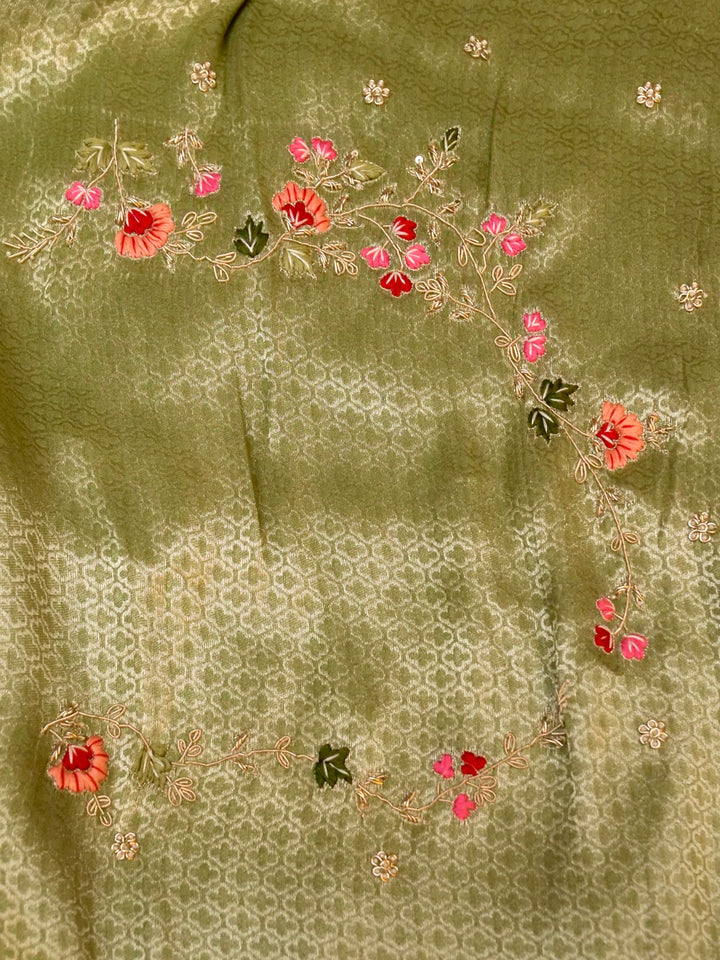 Elegant Light Green Banarasi Brocade Silk Saree with Zardozi & Resham Work