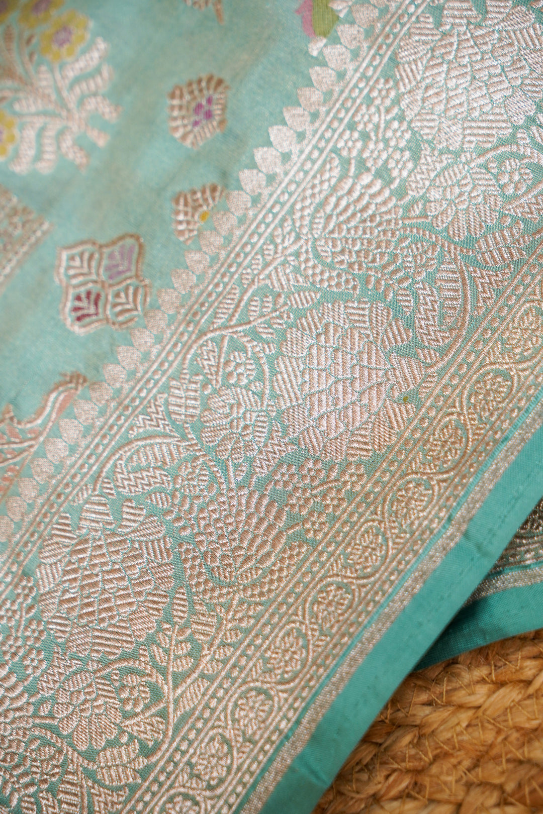 Handwoven Sea Green Pure Tissue Katan Silk Meenakari Jaal Saree