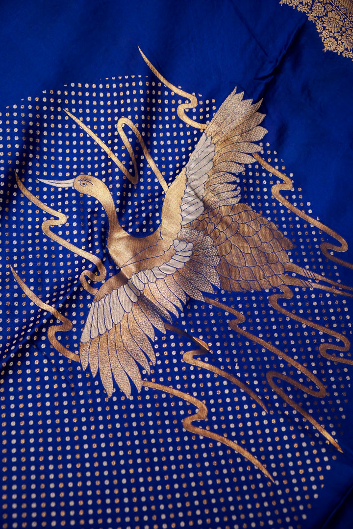 Blue Banarasi Satin Crepe Bandhej Weaving Saree with Birds Motif