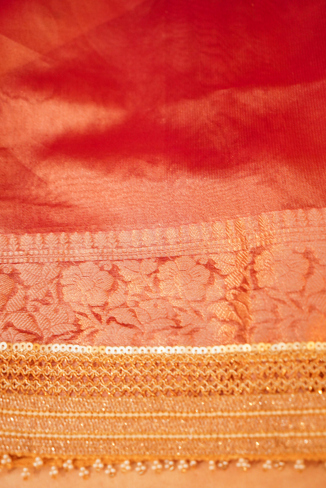 Rose Gold Gajanan Maharani Tissue Saree with Embroidery and Pearl Work