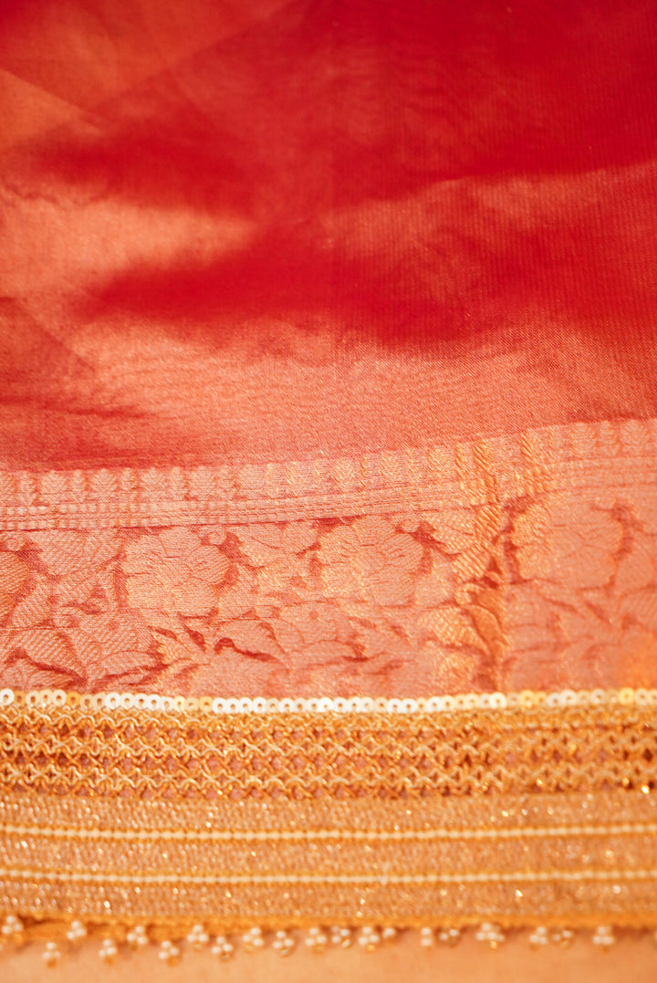 Rose Gold Gajanan Maharani Tissue Saree with Embroidery and Pearl Work