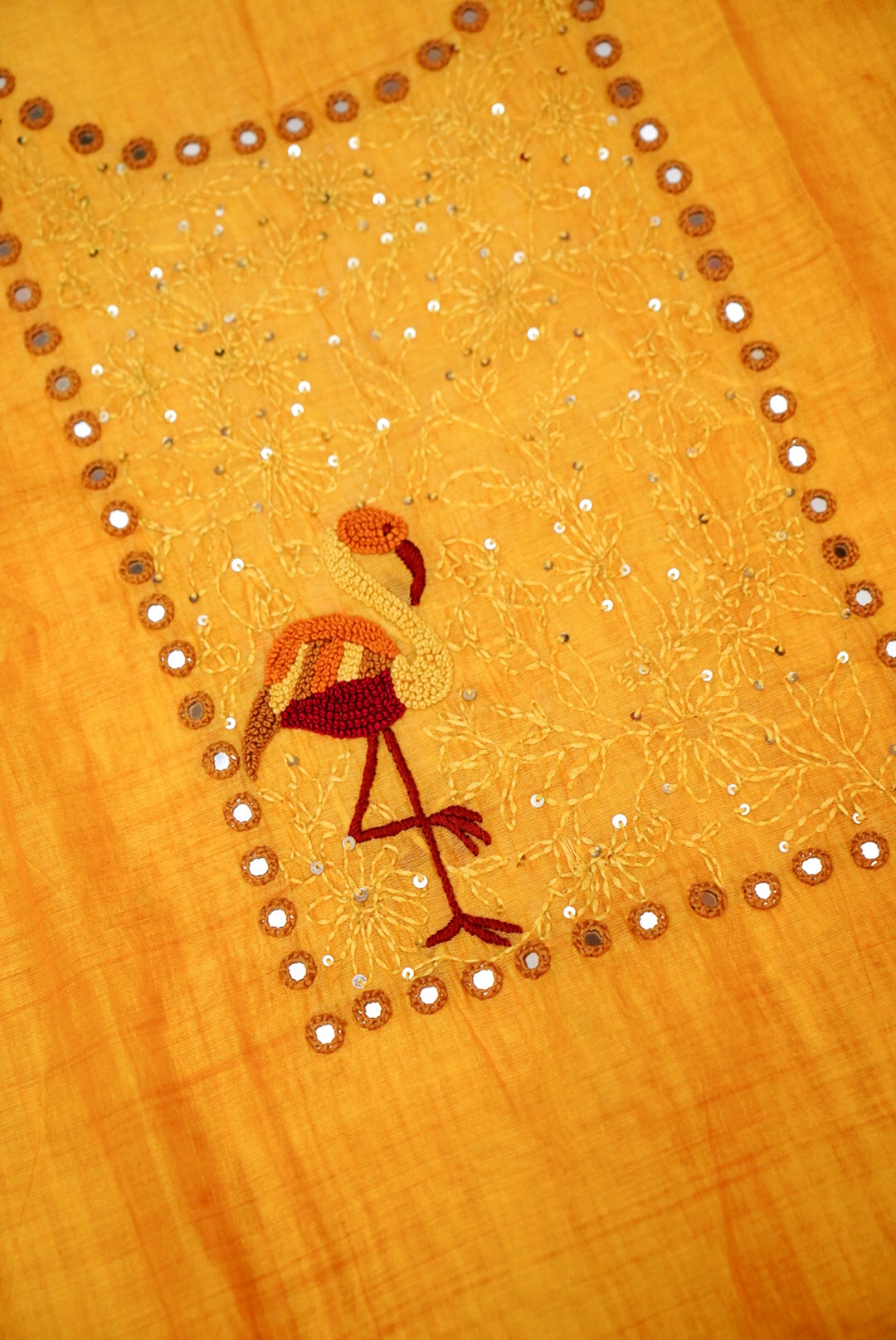 Yellow Pure Chanderi Silk Suit with Kantha & French Knot Embroidery