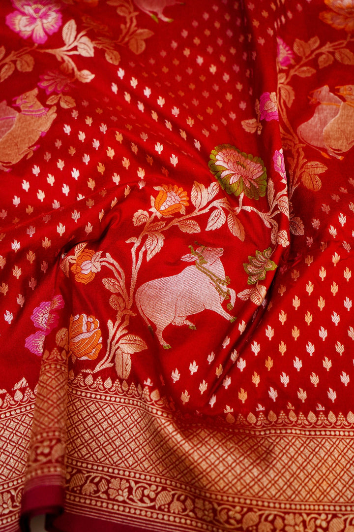 Red Handwoven Banarasi Bridal Katan Silk Saree with Zari Nandi Motifs & Meenakari Floral Weave