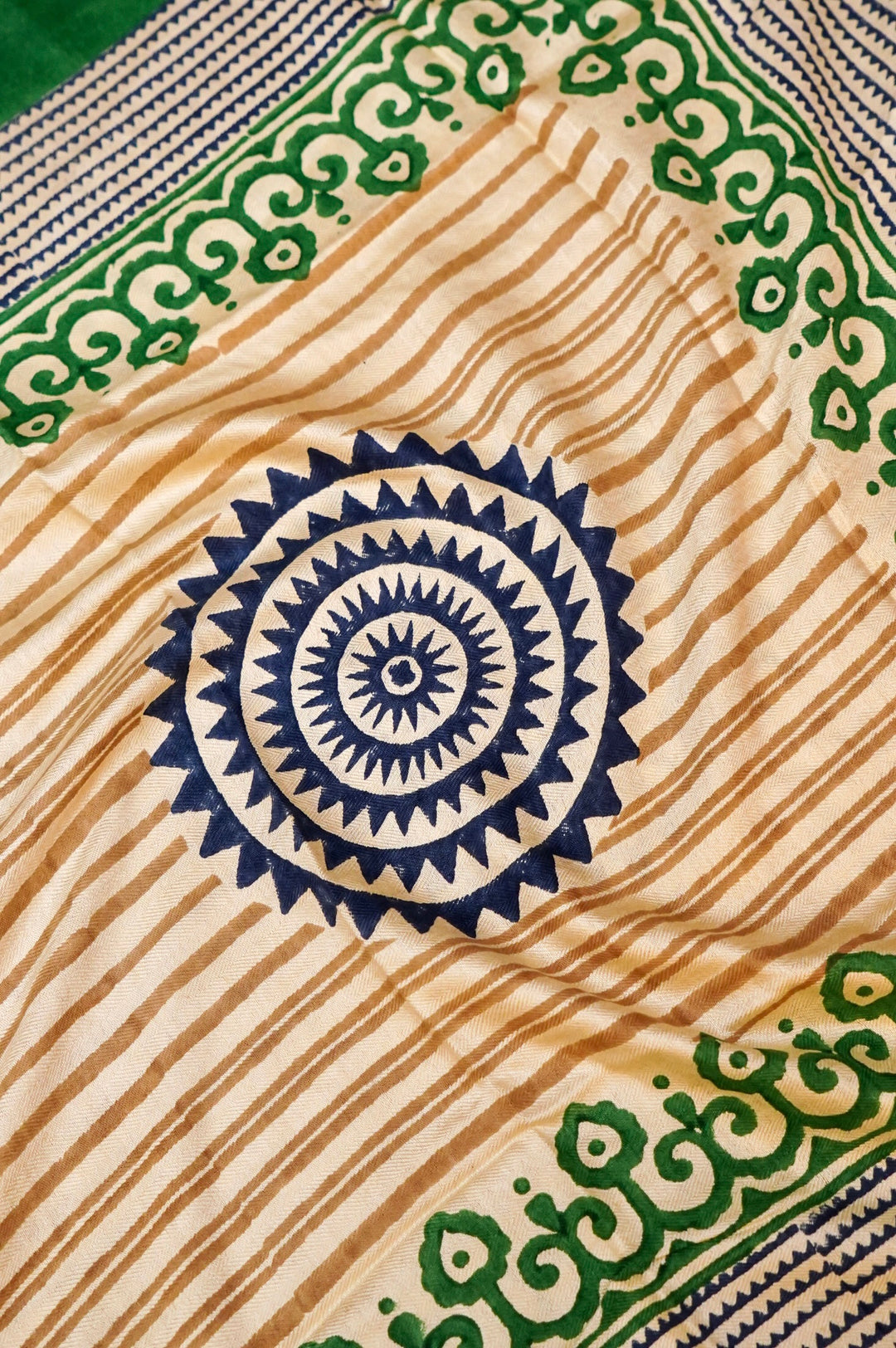 Green Dupion Silk Suit Set with White Block Print Dupatta