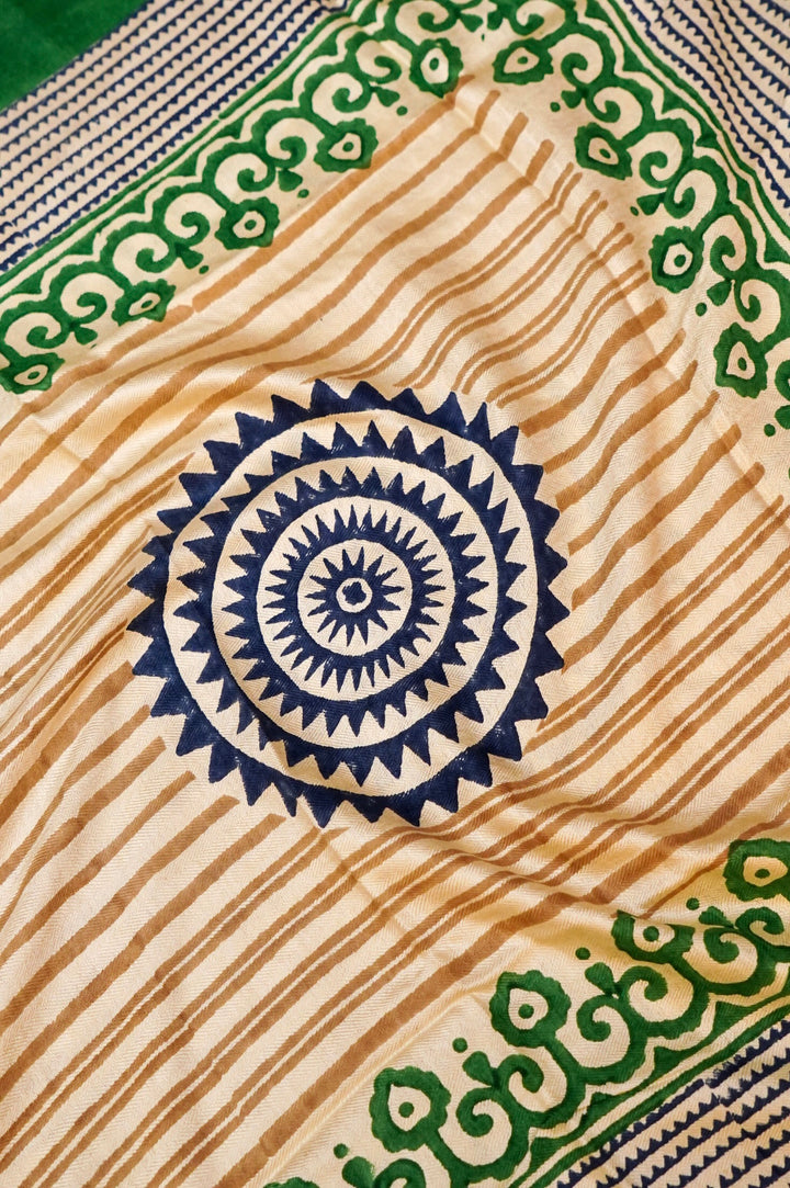 Green Dupion Silk Suit Set with White Block Print Dupatta