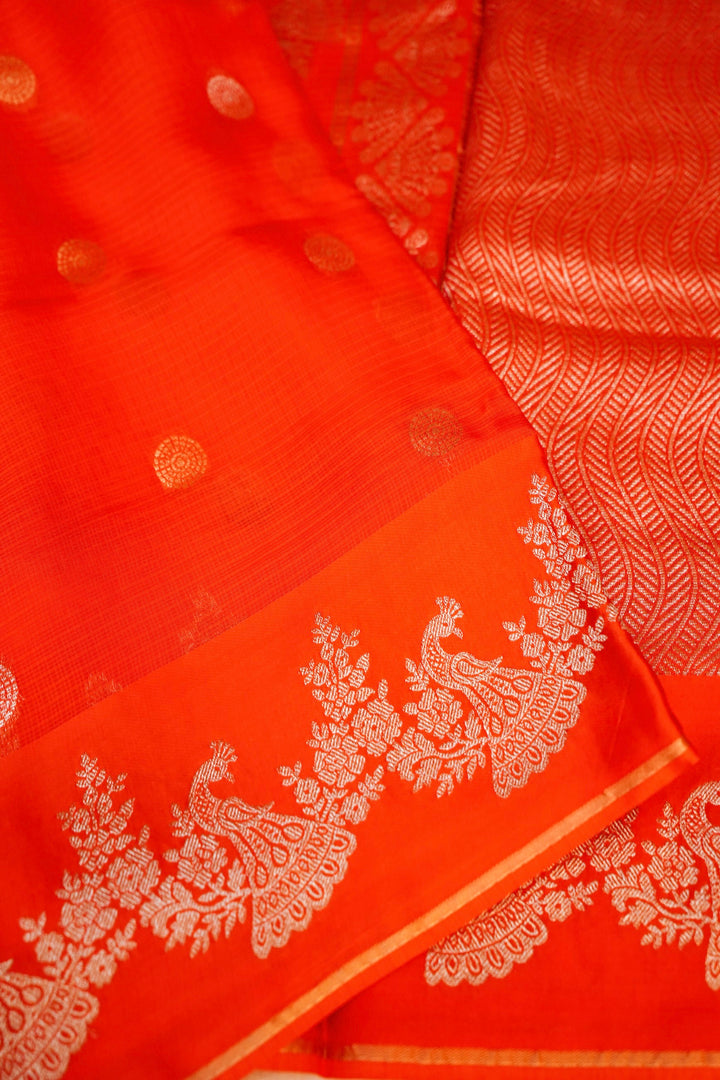 Orange Kota Check Saree with Sona Rupa Zari Work Silk Motif Border
