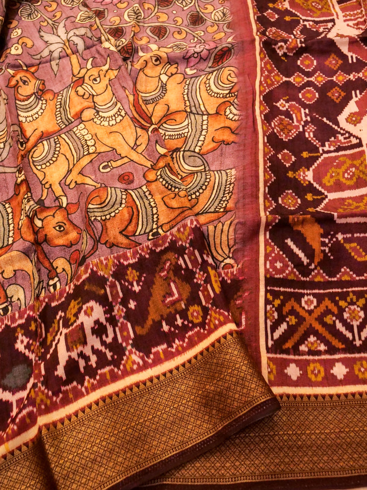 Mauve Crepe Silk Saree with Animal Motif & Floral Print, Zari Border and Pallu