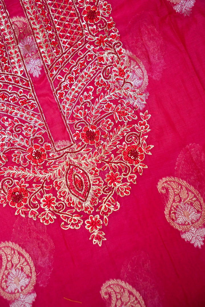 Pink Bridal Handloom Raw Silk Suit with Pitta Zari Embroidery