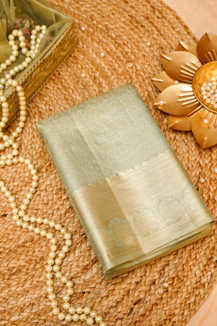 Pure Pistachio Green Kanjivaram Silk Brocade Saree View 1