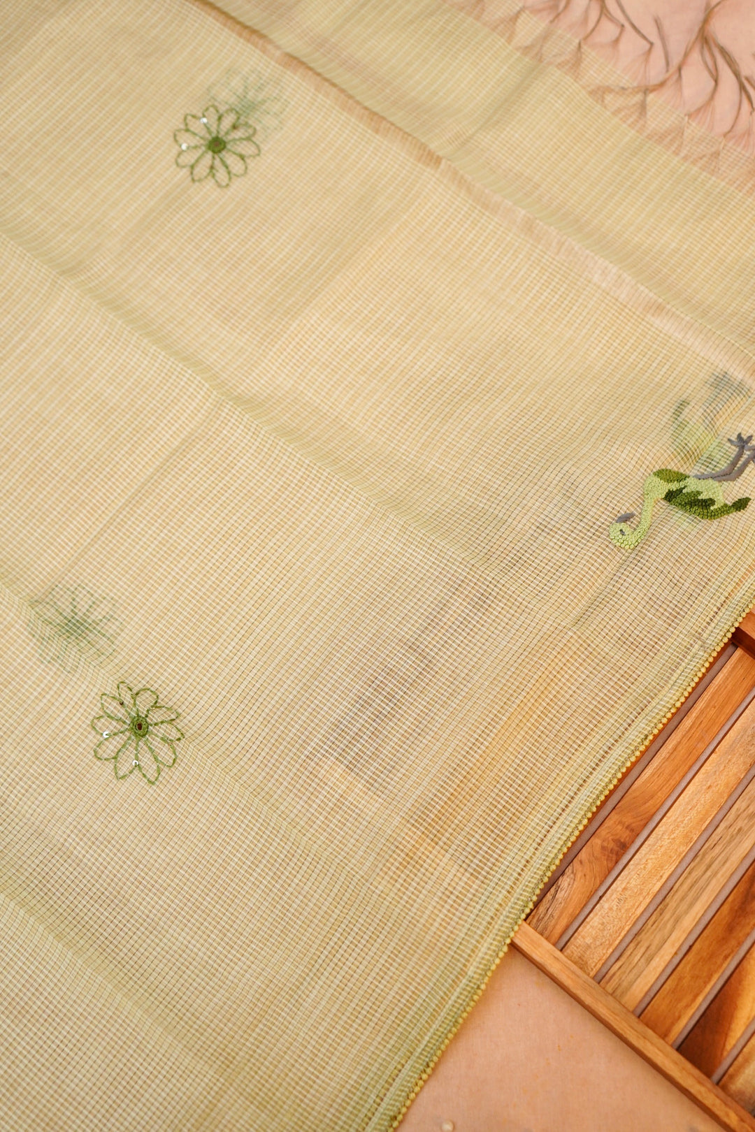 Pastel Green Pure Chanderi Kota Fabric with French Knot Thread Embroidery