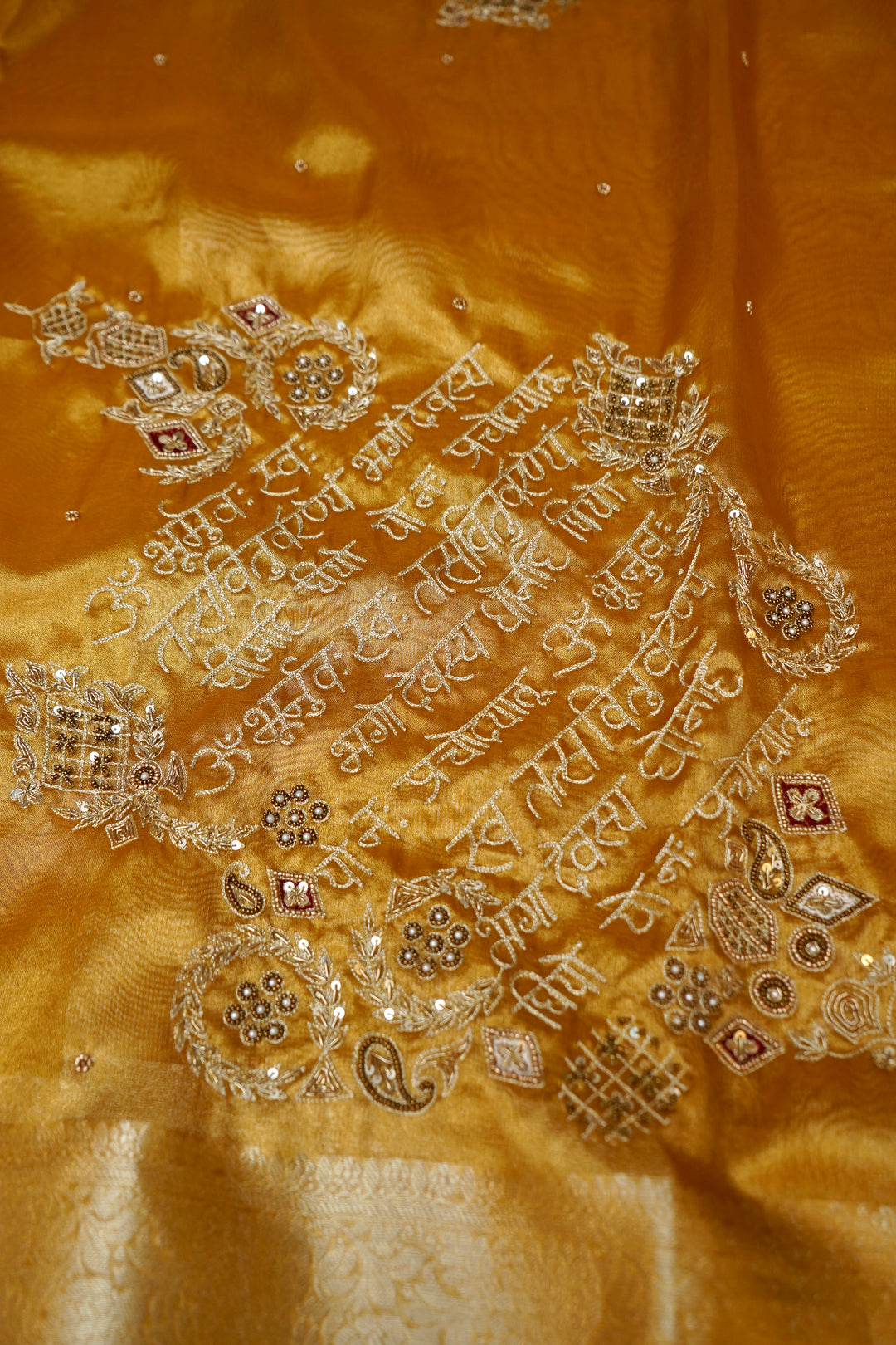 Opulent Golden Maharani Tissue Silk Saree with Gayatri Mantra &amp; Baraat Inspired Pallu