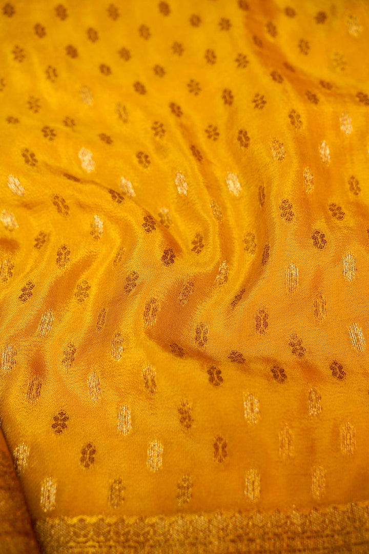 Antique Zari Weave Yellow Haldi Wear Pure Chinon Georgette Pichwai Saree