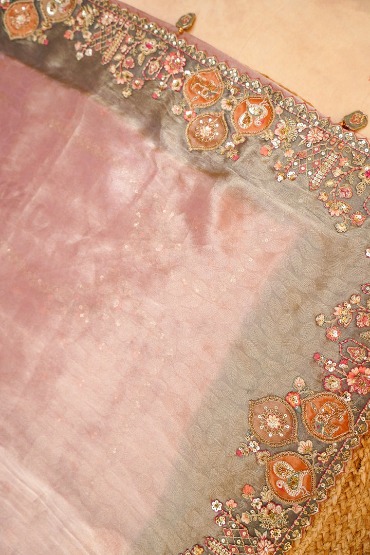 Designer Powder Pink Tissue Silk Multicolour Meenakari Embroidery Saree View 2