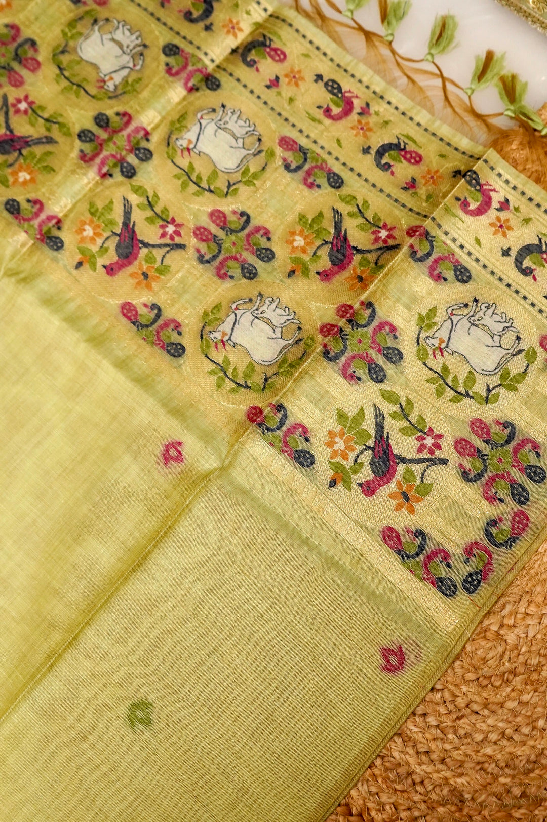 Pista Green Floral Woven Unstitched Suit Set with Bird Motif Dupatta