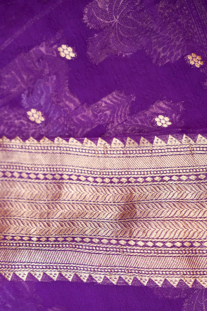 Dark Purple Pure Georgette Shikargah Saree with Zari Weave Animal Motifs