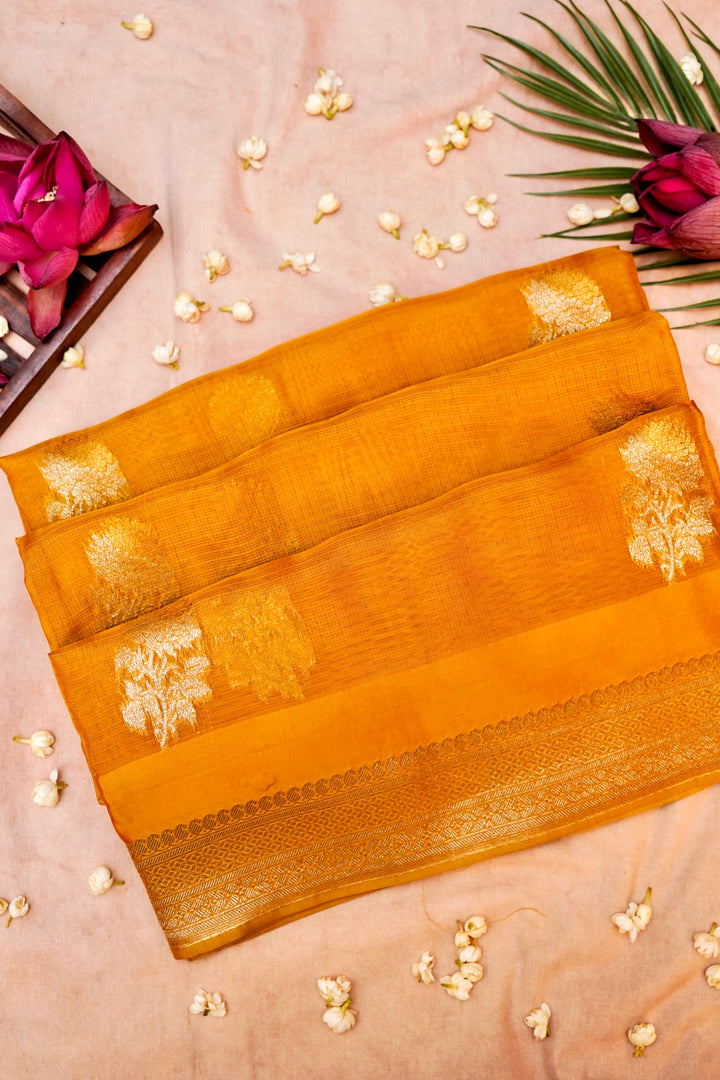 Banarasi Mustard Yellow Kota Check Saree Zari Floral Motifs with Classic Checks