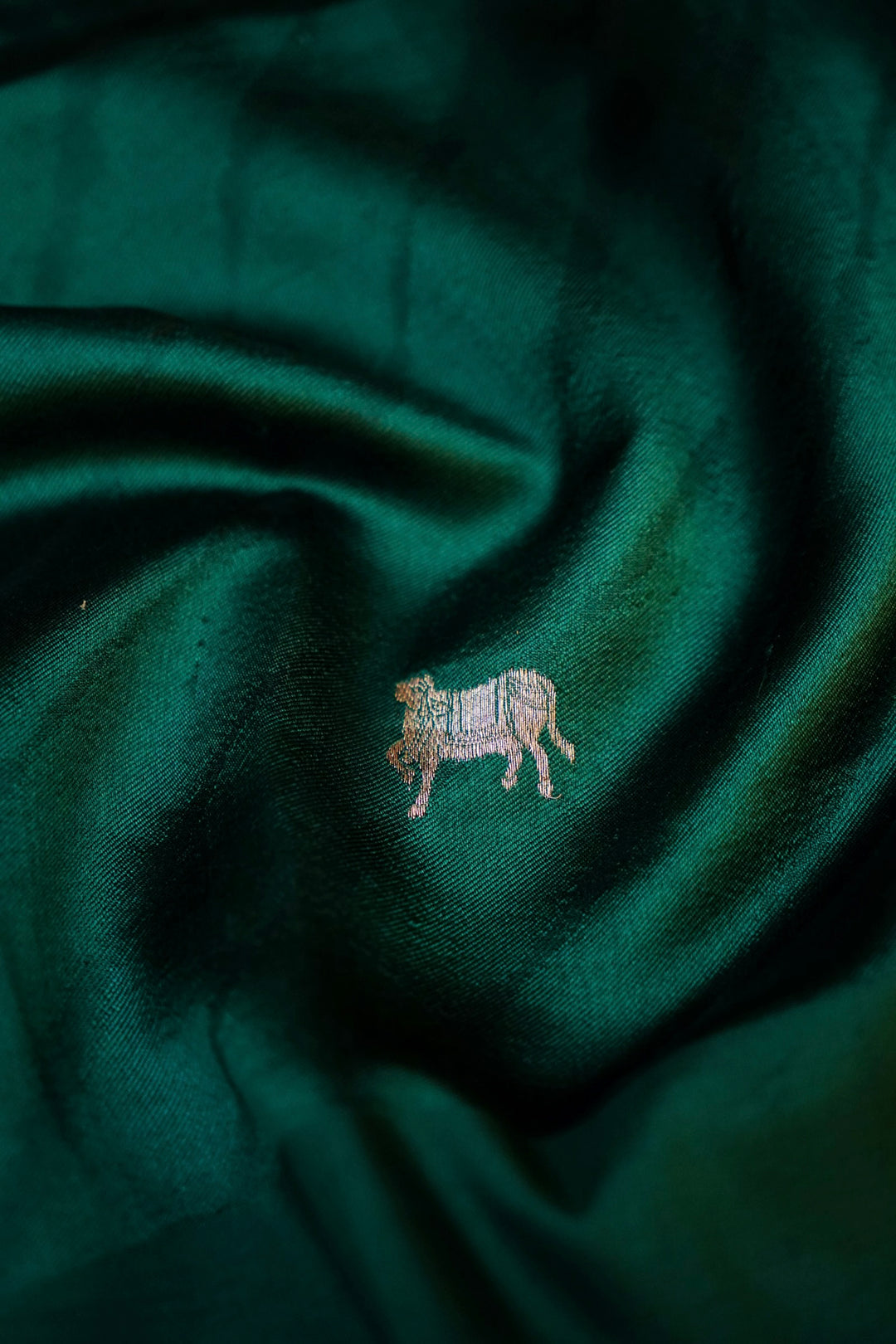 Dark Green Handwoven Banarasi Katan Silk Saree with Golden Zari Nandi Motifs