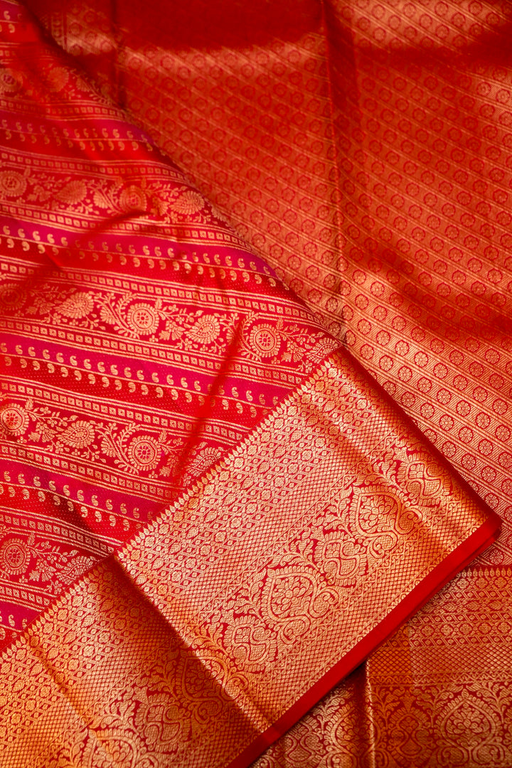 Pure Red Kanjivaram Silk Brocade Saree with Zari Weaving View 4