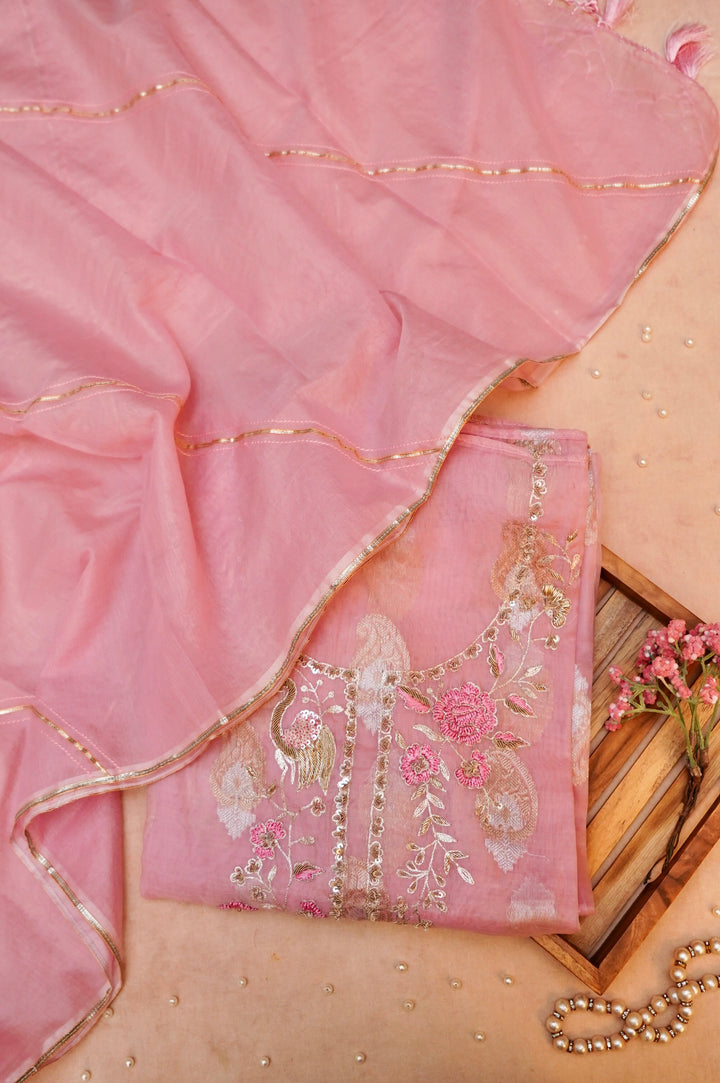 Unstitched Pastel Pink Pure Muslin Silk Suit with Hand Embroidery