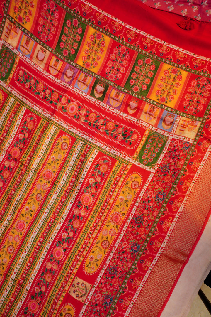 Red Crepe Silk Saree with Multicolor Print, Zari Weave Border and Pallu