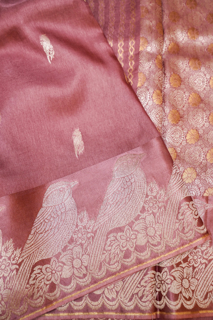 Mauve Raw Mango Inspired Banarasi Saree with Zari Weave Birds Motif