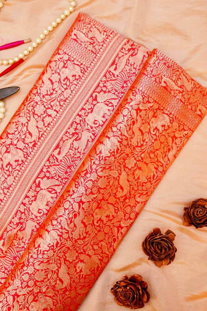 Handwoven Banarasi Red Bridal Shikargah Pure Katan Silk Saree
