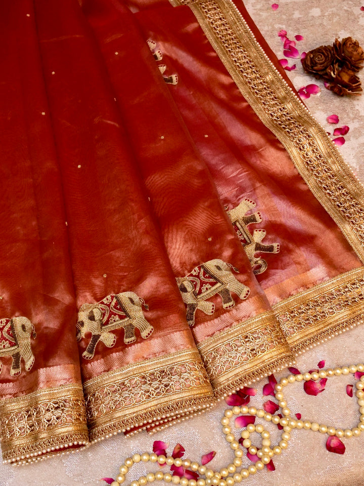 Elephant Motifs Banarasi Maharani Tissue Silk Saree with Hand Embroidery