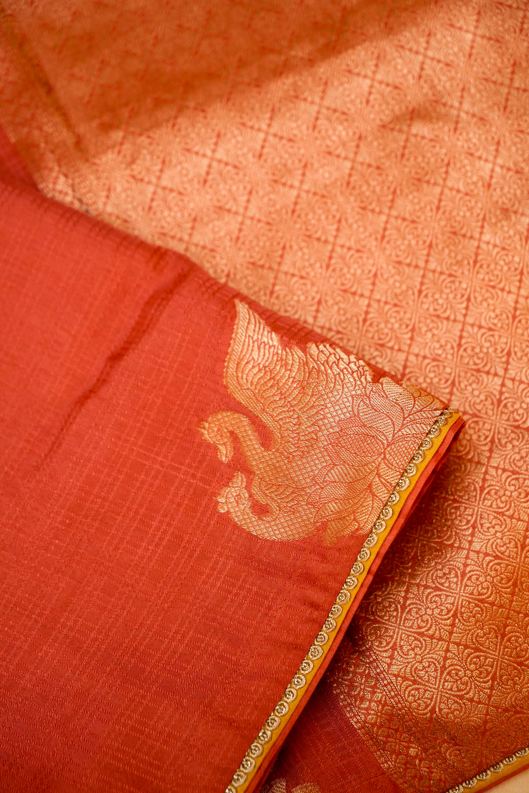 Coral Orange Soft Silk Saree with Designer Buddha Inspired Blouse View 3