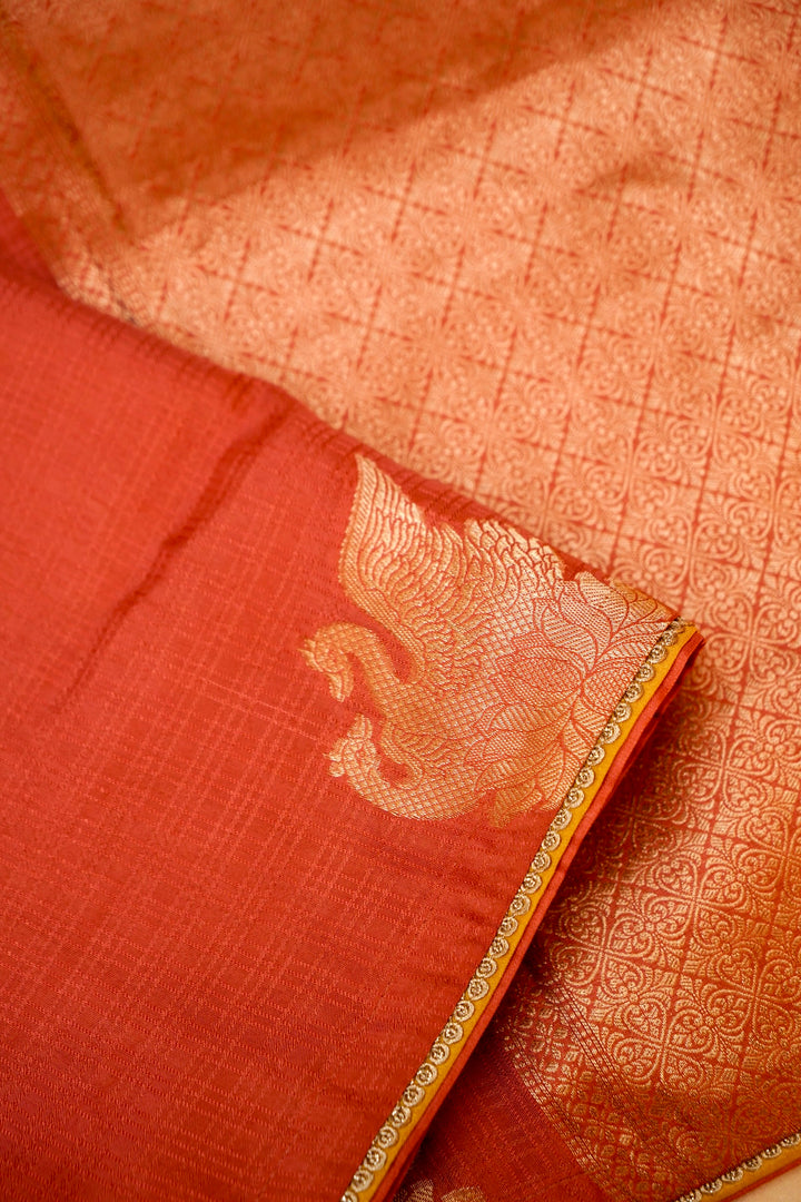 Coral Orange Soft Silk Saree with Designer Buddha Inspired Blouse View 3