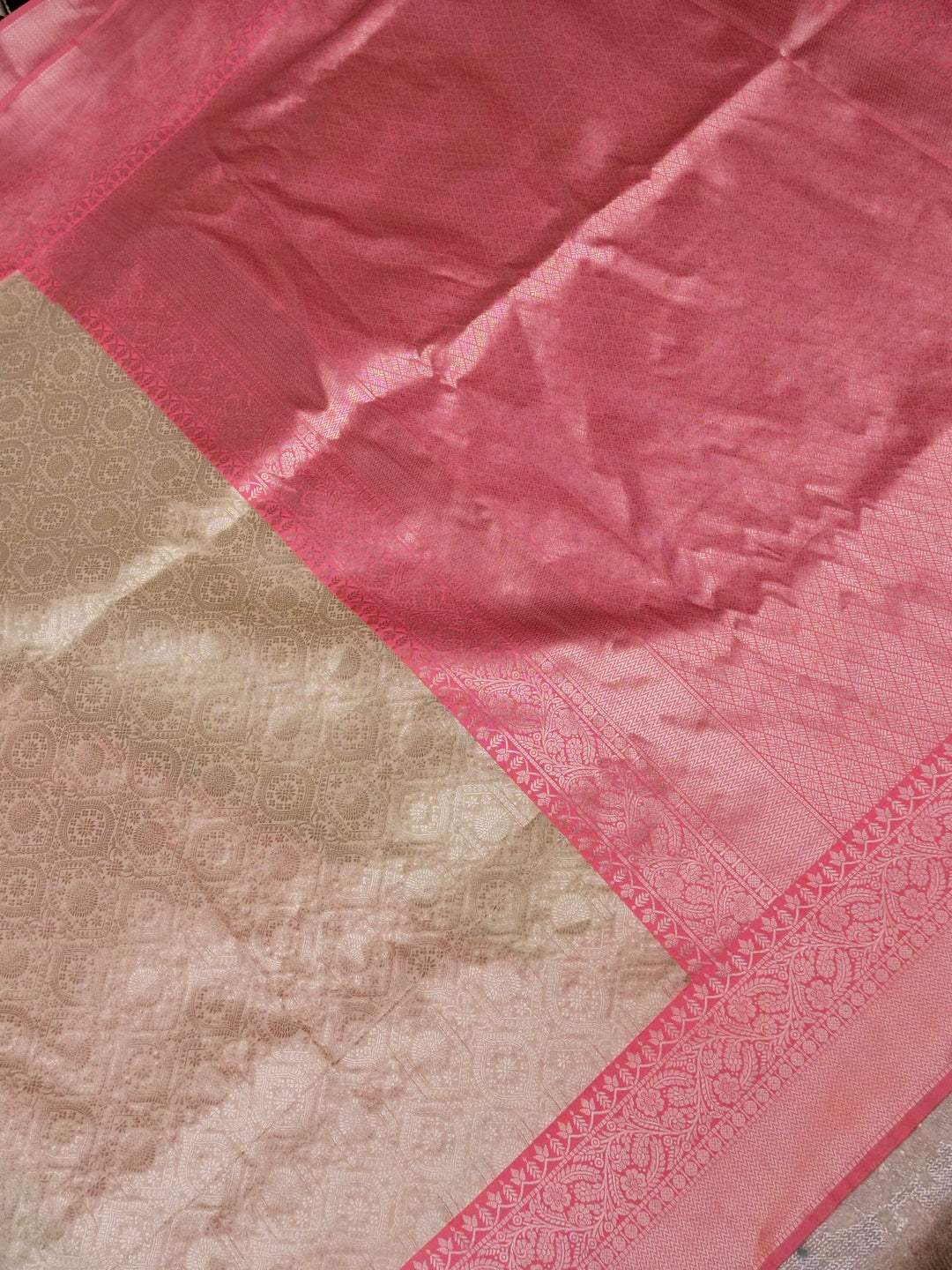 Beige Banarasi Brocade Silk Saree with Pink Contrast Border and Pallu