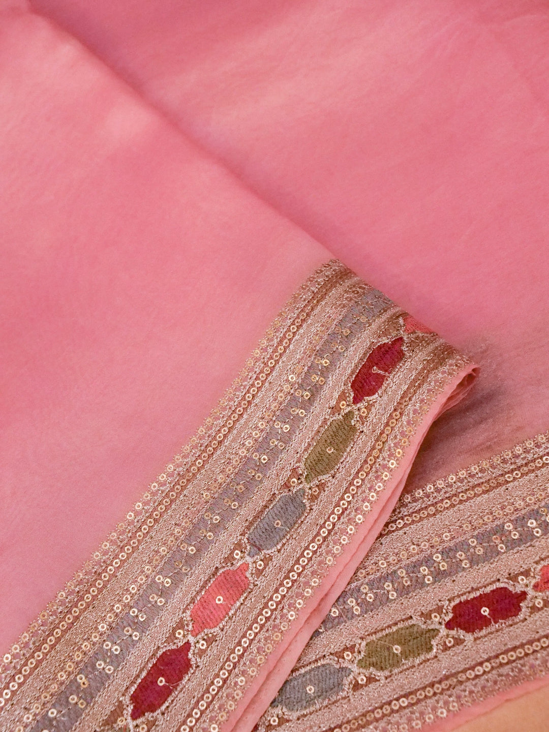 Sabyasachi Inspired Baby Pink Pure Organza Saree with Designer Border Heavy Resham Kadhai Blouse View 3