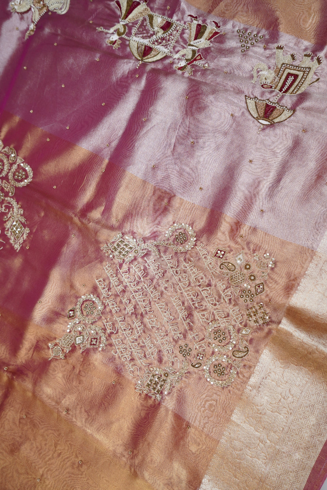 Royal Copper Gold Maharani Tissue Silk Saree with Gayatri Mantra &amp; Baraat Inspired Pallu