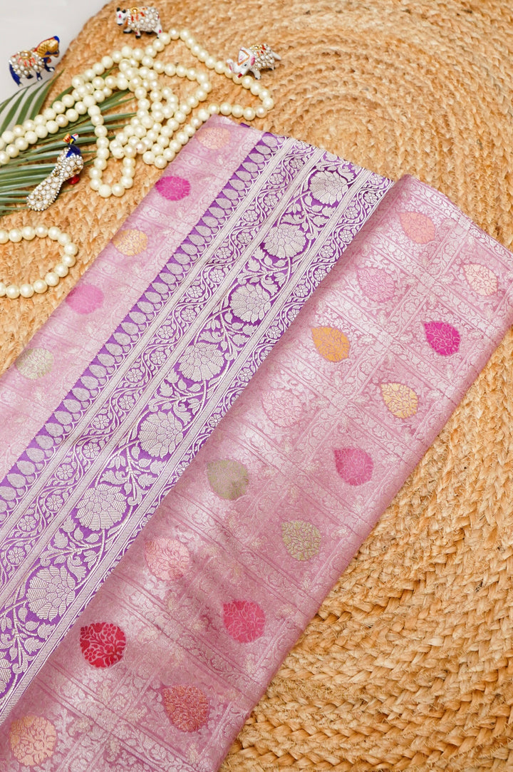 Pastel Pink Handwoven Banarasi Pure Katan Silk Gharchola Brocade Meenakari Saree