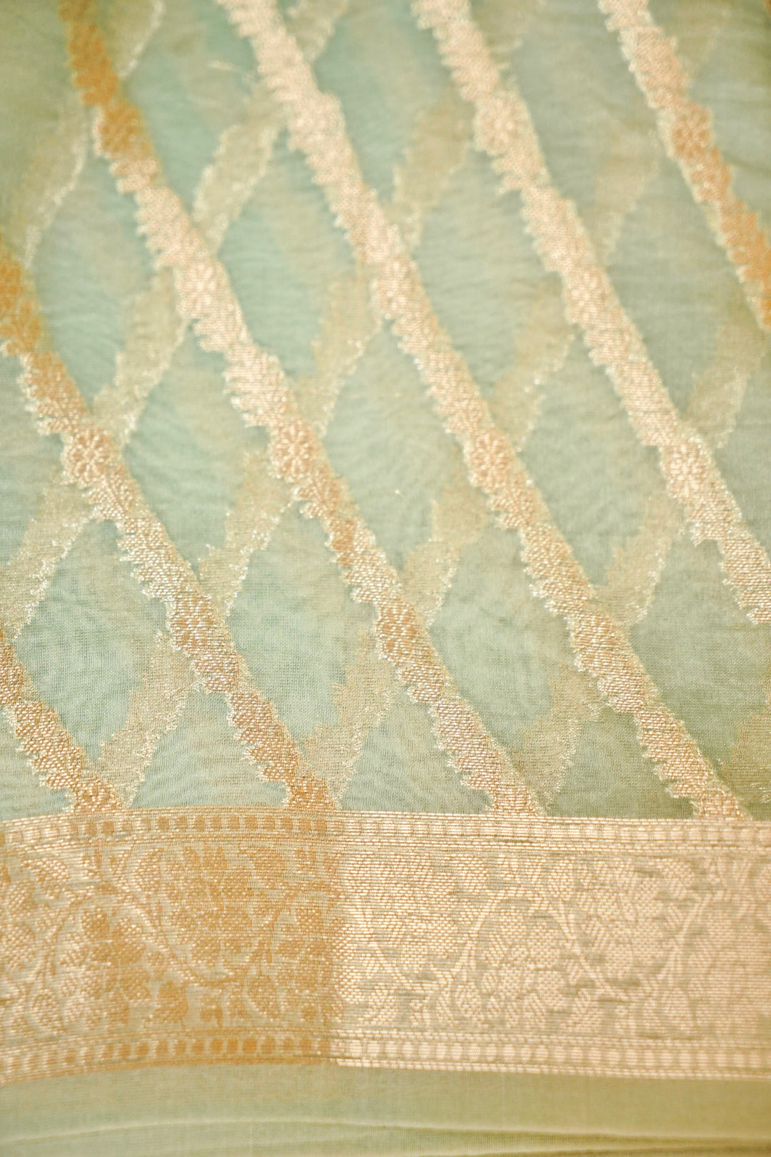 Pastel Green Zari Grace Border Pure Organza Silk Saree Blouse