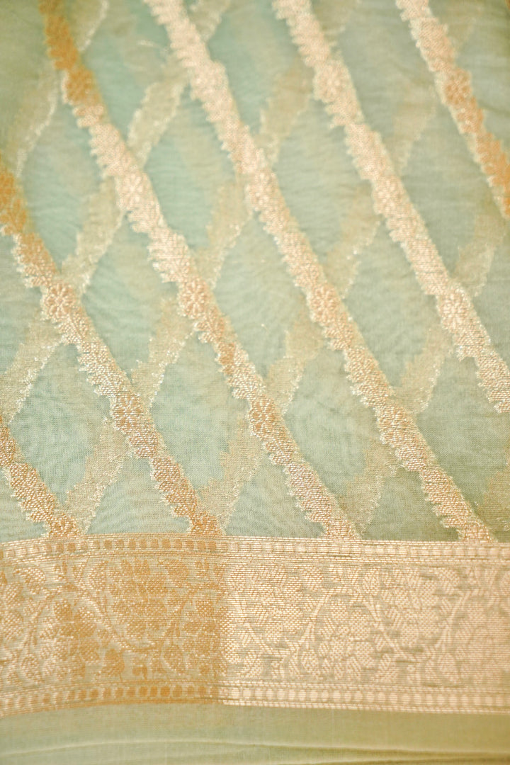 Pastel Green Zari Grace Border Pure Organza Silk Saree Blouse