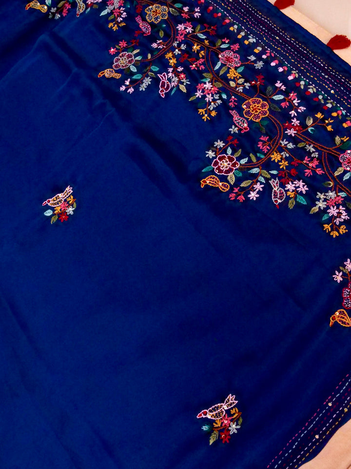 Teal Blue Ghicha Silk Saree with Hand Kantha Embroidery View 2
