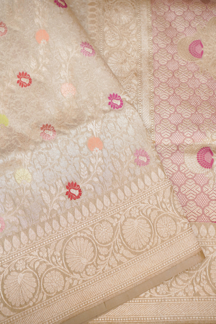 Beige Handwoven Banarasi Pure Katan Silk Brocade Meenakari Jaal Saree