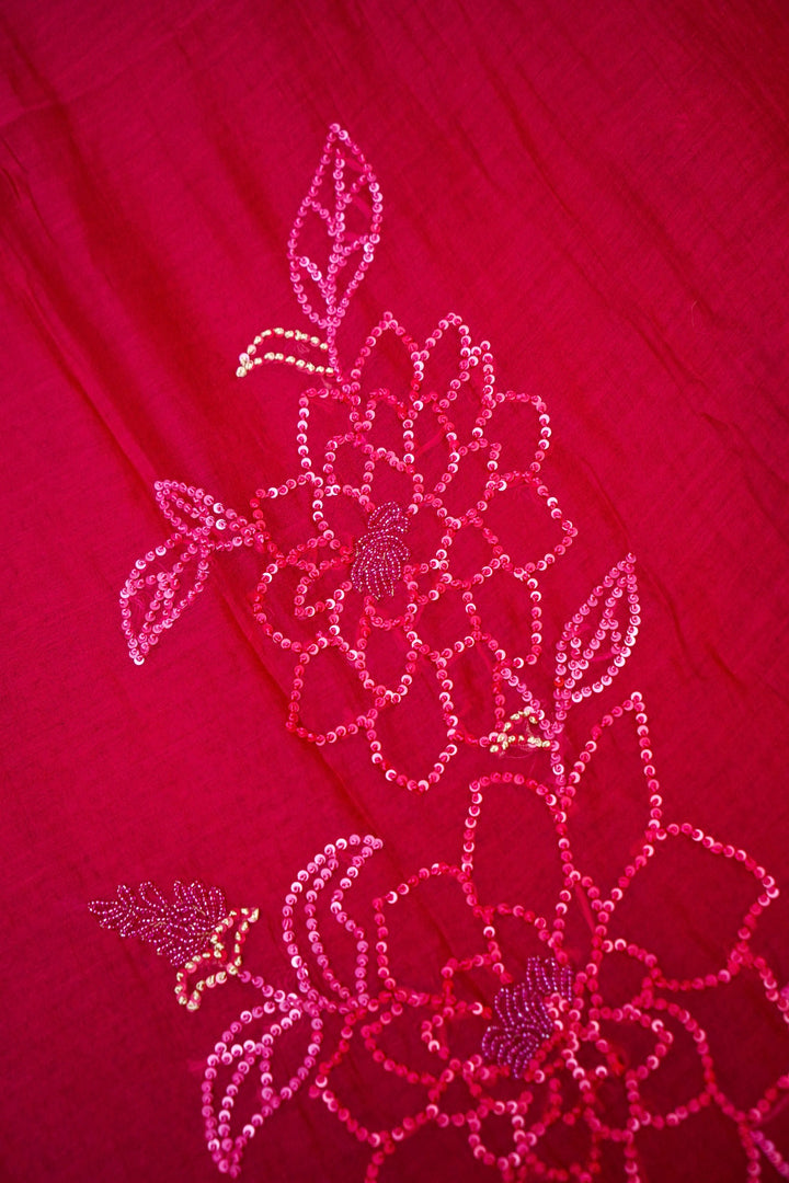 Hot Pink Pure Mul Chanderi Suit Set with Pearl and Sequin Embroidery Top View 7