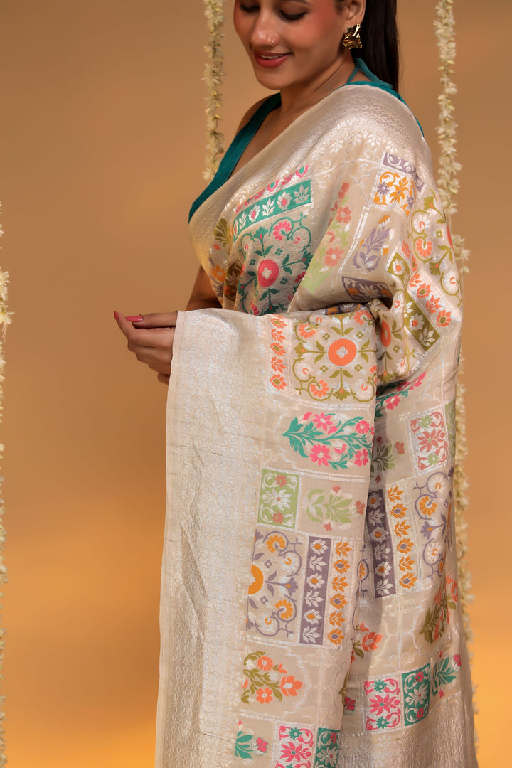 handwoven offwhite banarasi pure munga tussar georgette meenakari saree side view 2