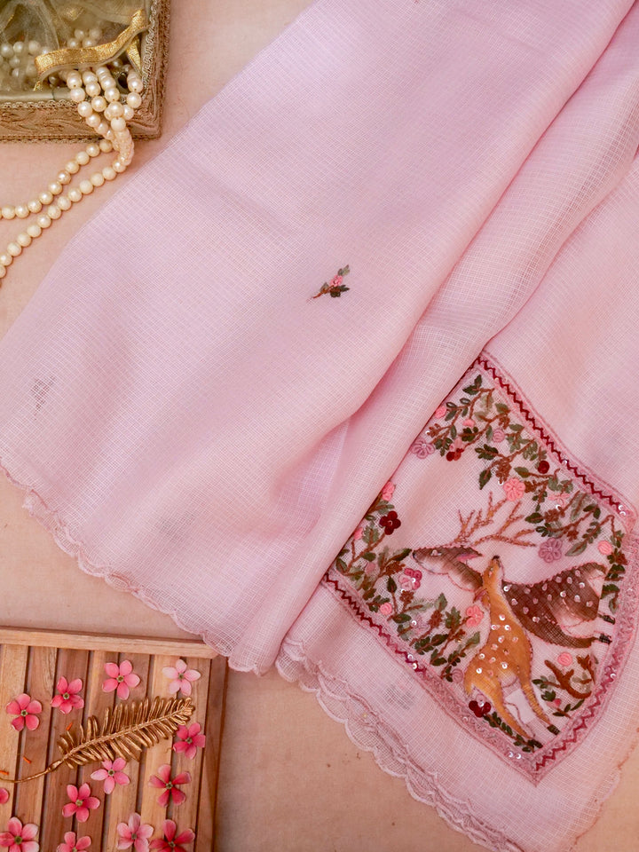 Baby Pink Pure Kota Saree with Kantha Embroidery Hand Painted Motifs View 1