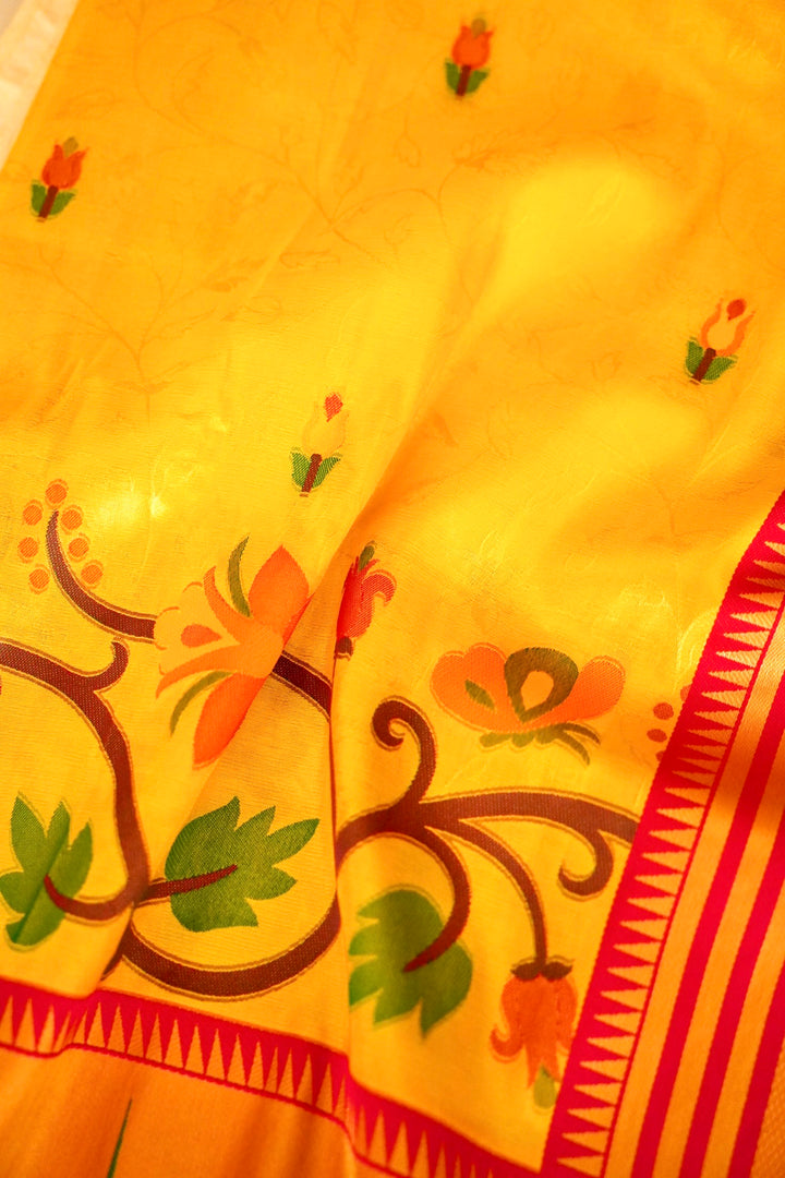 Golden Banarasi Paithani Tissue Silk Saree with Contrast