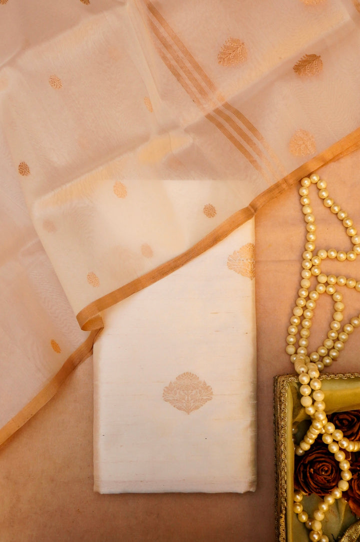 White Pure Handloom Raw Silk Dyeable Suit with Organza Dupatta