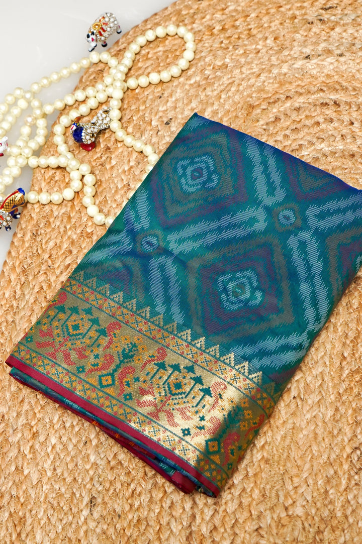 Teal Green Soft Silk Ikat Inspired Saree with Golden Zari Heavy Border & Pallu