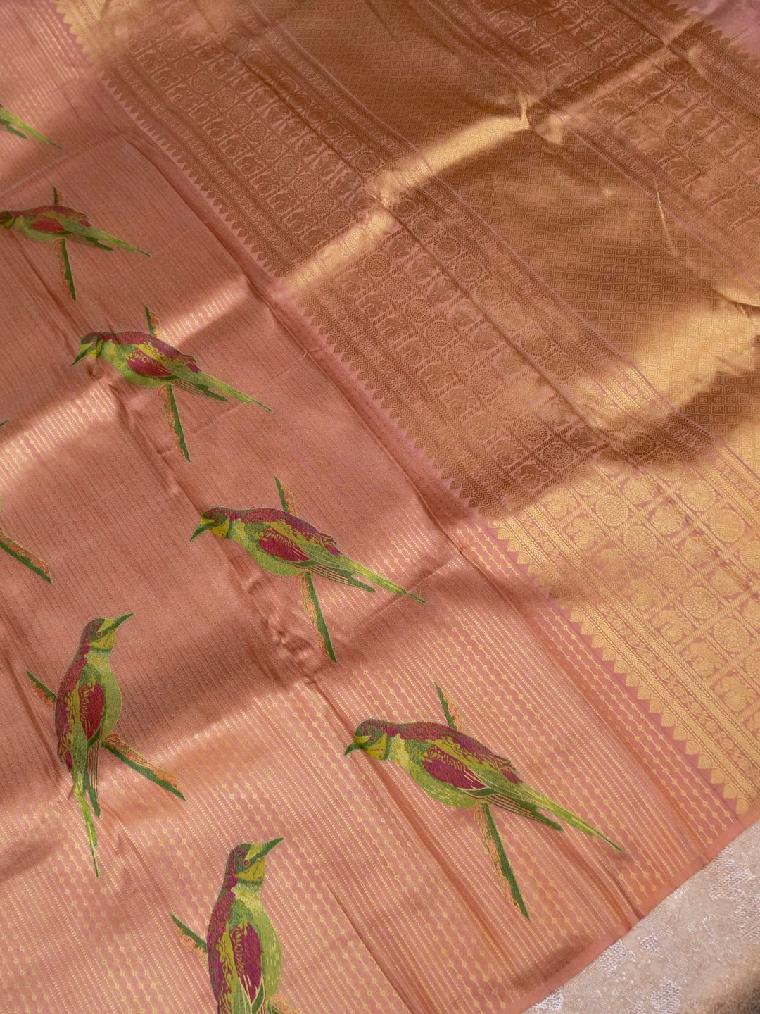 Rose Gold Banarasi Tissue Soft Silk Saree with Printed Bird Motifs